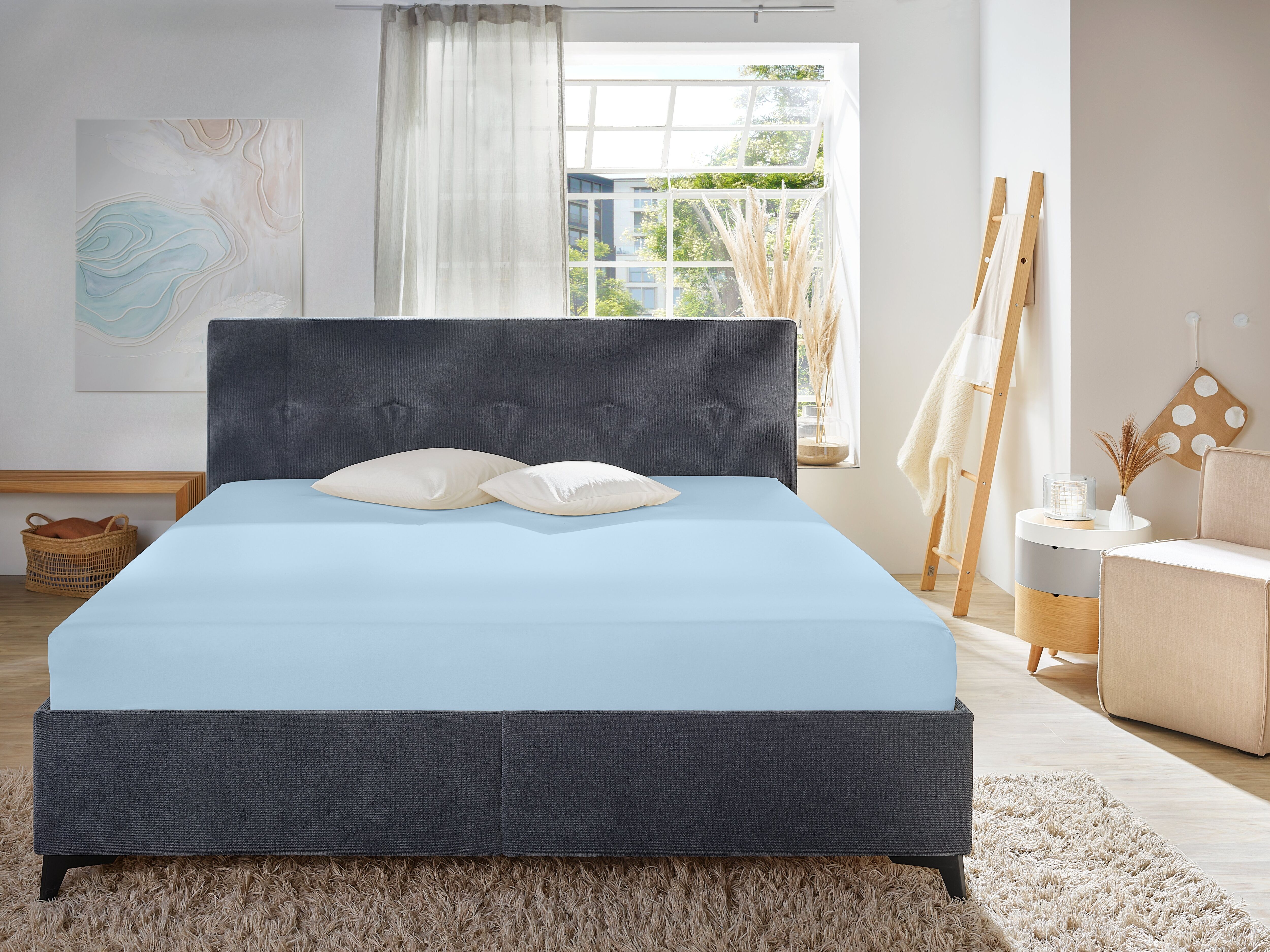 Spannbettlaken PRIMERA "Jersey", blau (hellblau), B:70cm L:140cm, Jersey, Obermaterial: 100% Baumwolle, Bettlaken, Spannbettlaken, für Kindermatratzen, für Matratzengröße 70x140cm, 100% Baumwolle