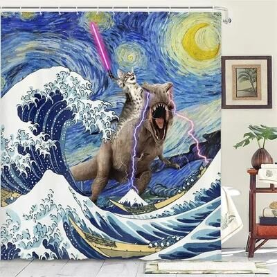 Uplift Essentials "Creative Kids ""Cat Riding Dinosaur"" Shower Curtain style 2 71 In X 71 In"