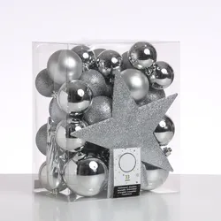 MARELIDA Weihnachtskugeln mit Stern Baumspitze Christbaumkugeln bruchfest silber 33er Set