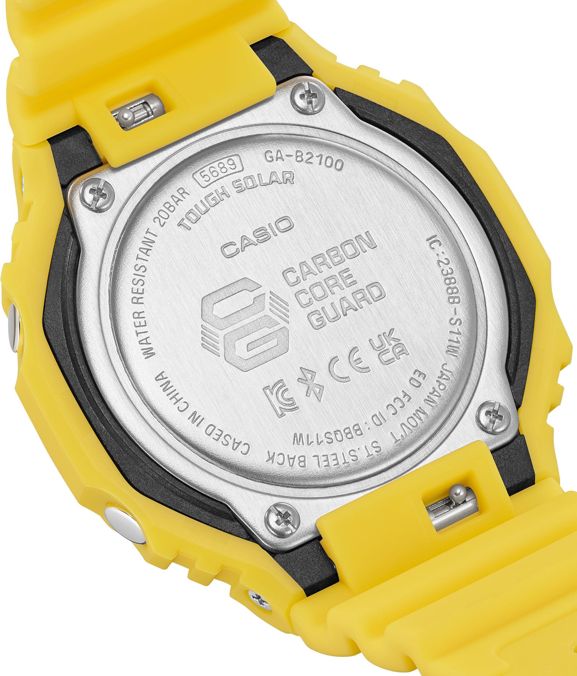 Smartwatch CASIO G-SHOCK "GA-B2100", gelb (gelb, schwarz, gelb), Smartwatches, Herren, Smartwatch, Solaruhr, Armanduhr, Herrenuhr, Bluetooth, bis 20 bar wasserdicht