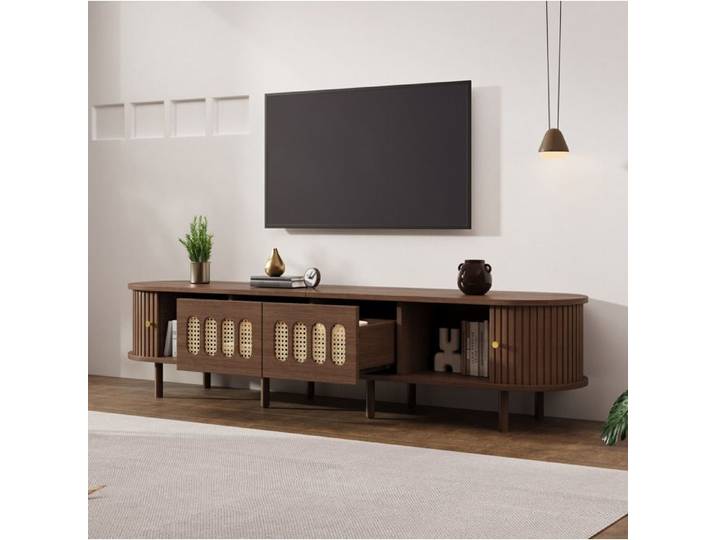 COVREO Meuble TV 180 cm en MDF couleur noyer 2 tiroirs 2 portes à volets roulants design rotin 30 kg