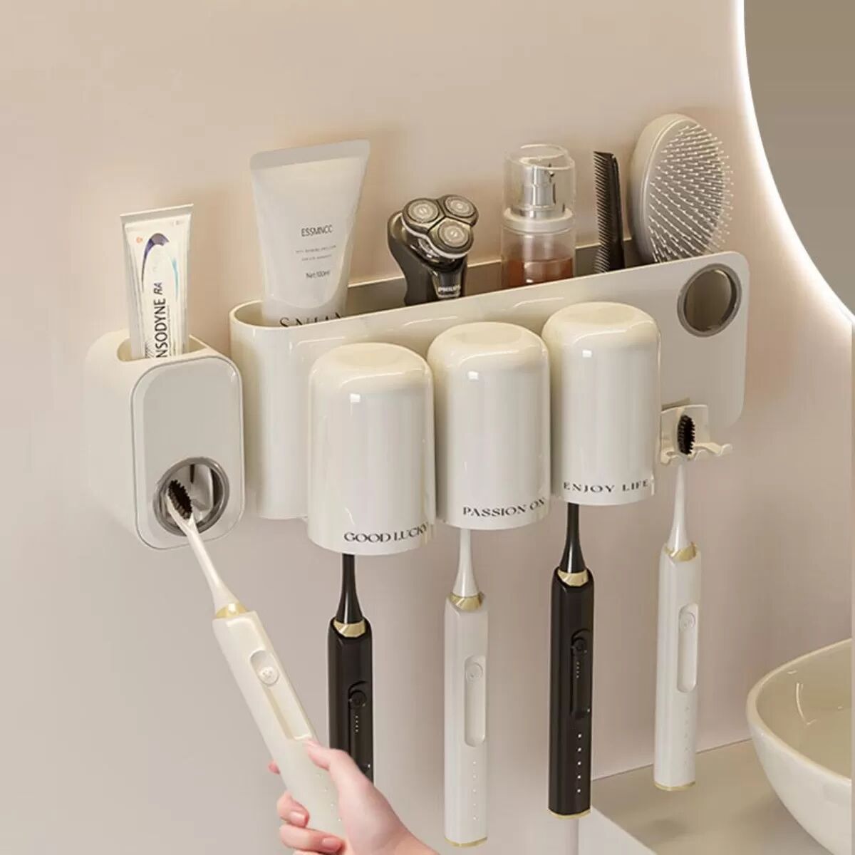 INF Bohrerloser Zahnbürstenhalter mit Zahnpasta-Spender - Wandmontierter Organizer