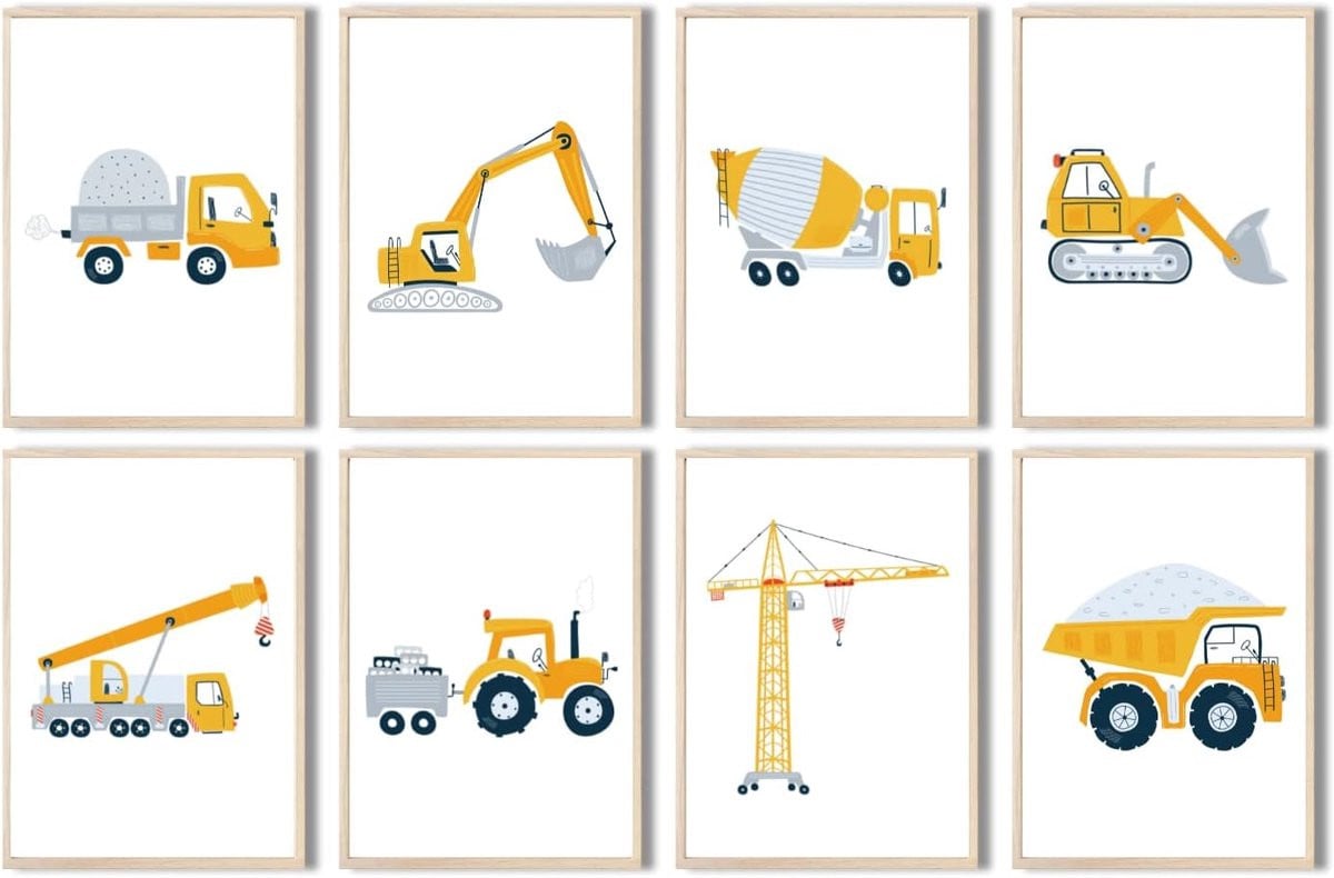 SnelShoppen Set van 8 Kinderposters Bouwvoertuigen DIN A4 - Decoratieve Muurdecoratie voor Kinderkamers