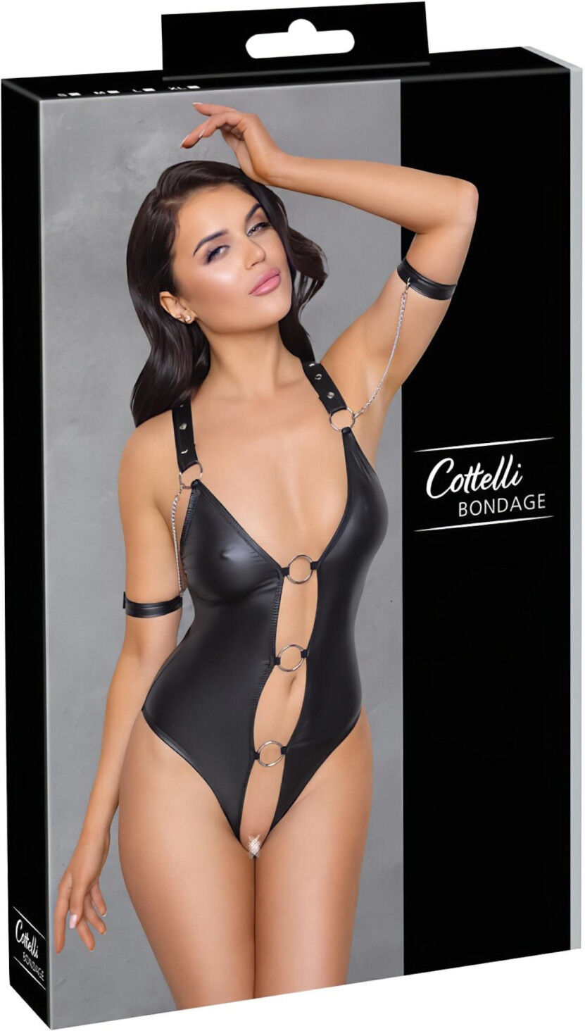 Cottelli Bondage - Shiny Black Open-Front Ringed Bodysuit