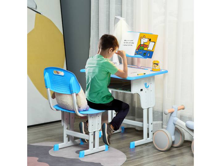 HOMCOM Bureau Enfant Réglable avec Chaise et Lumière Gris