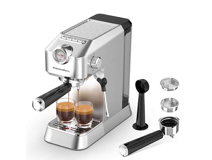 KitchenBoss Professionelle Siebträgermaschine Espressomaschine Siebträger: Espresso mit Milchaufschäumer, Kaffeemaschine 15 Bar, mit 1.2L Wassertank