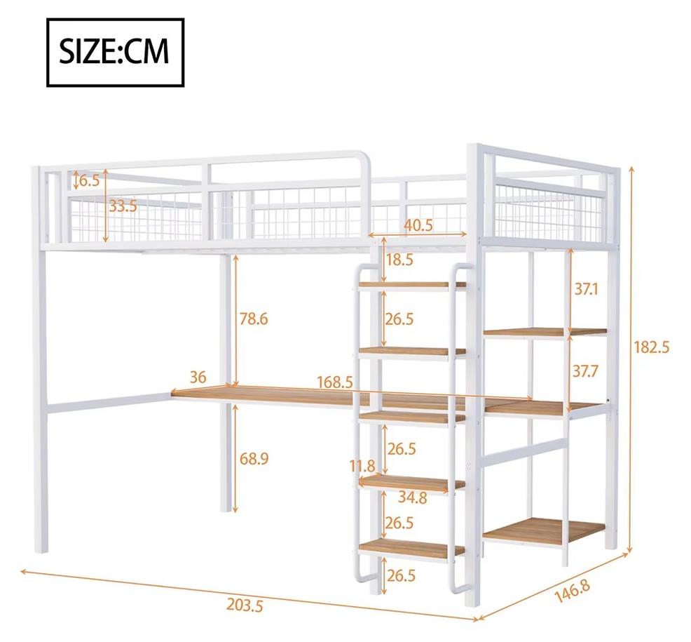 Metall-Hochbett - Etagenbett - 140 x 200 cm - Mit Leiter - Mit Tisch - Mit Regal - Mit Sicherheitsgitter - Weiß