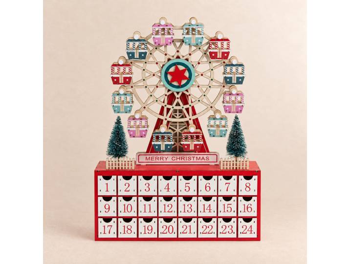 Befüllbarer Adventskalender mit einem großen, mehrfarbigen Rad aus Pappelholz