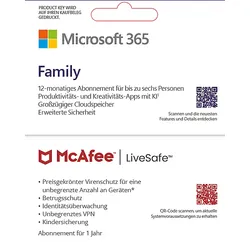 Microsoft 365 Family & McAfee LiveSafe Bundle, 12 Monate für 1-6 Nutzer (je 5 Geräte), Download Code - [Multiplattform]