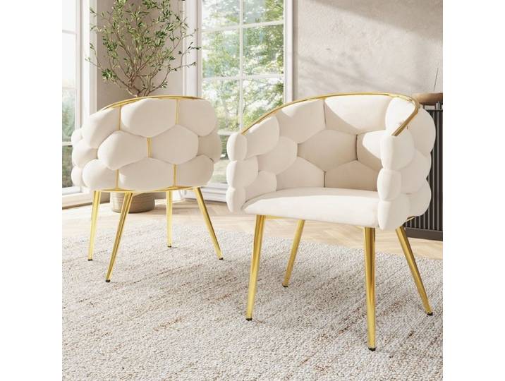 Chaises de Luxe en Velours 44x41x74cm 2 Pièces Pieds en Fer Doré Fauteuil de Salon chaises de maquillage Beige