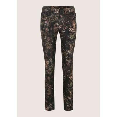 Chinos MADELEINE "Hose 5-Pocket-Hose mit Blumen-Print", Damen, Gr. 17, K-Gr, grün (schwarz, multicolor), Modern, slim fit, Hosen
