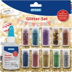 Stylex Glitzer 23386 Glitter-Set, 10 Farben sortiert je 3g, mit Kleber, in Dose