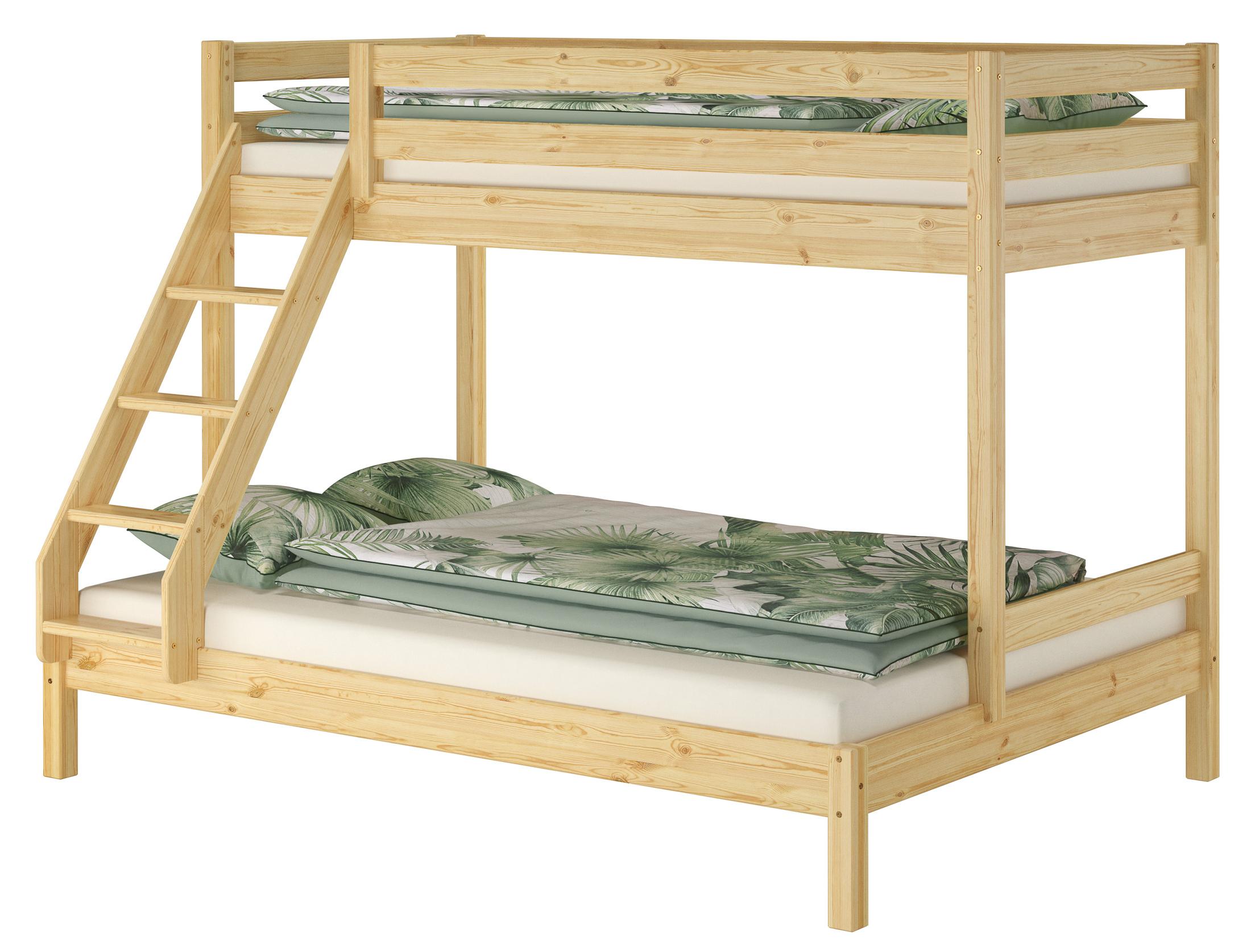Doppel-Etagenbett 140x200 und 90x200 Erwachsenen-Stockbett Kiefer Massivholz natur V-60.18-09-14Rollrost und Matratze inkl.