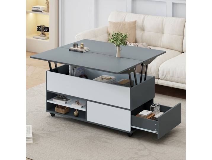 Table basse 100×98×65 cm hauteur réglable avec espace de rangement table de salon équipée de roulettes tiroirs adaptée au salon