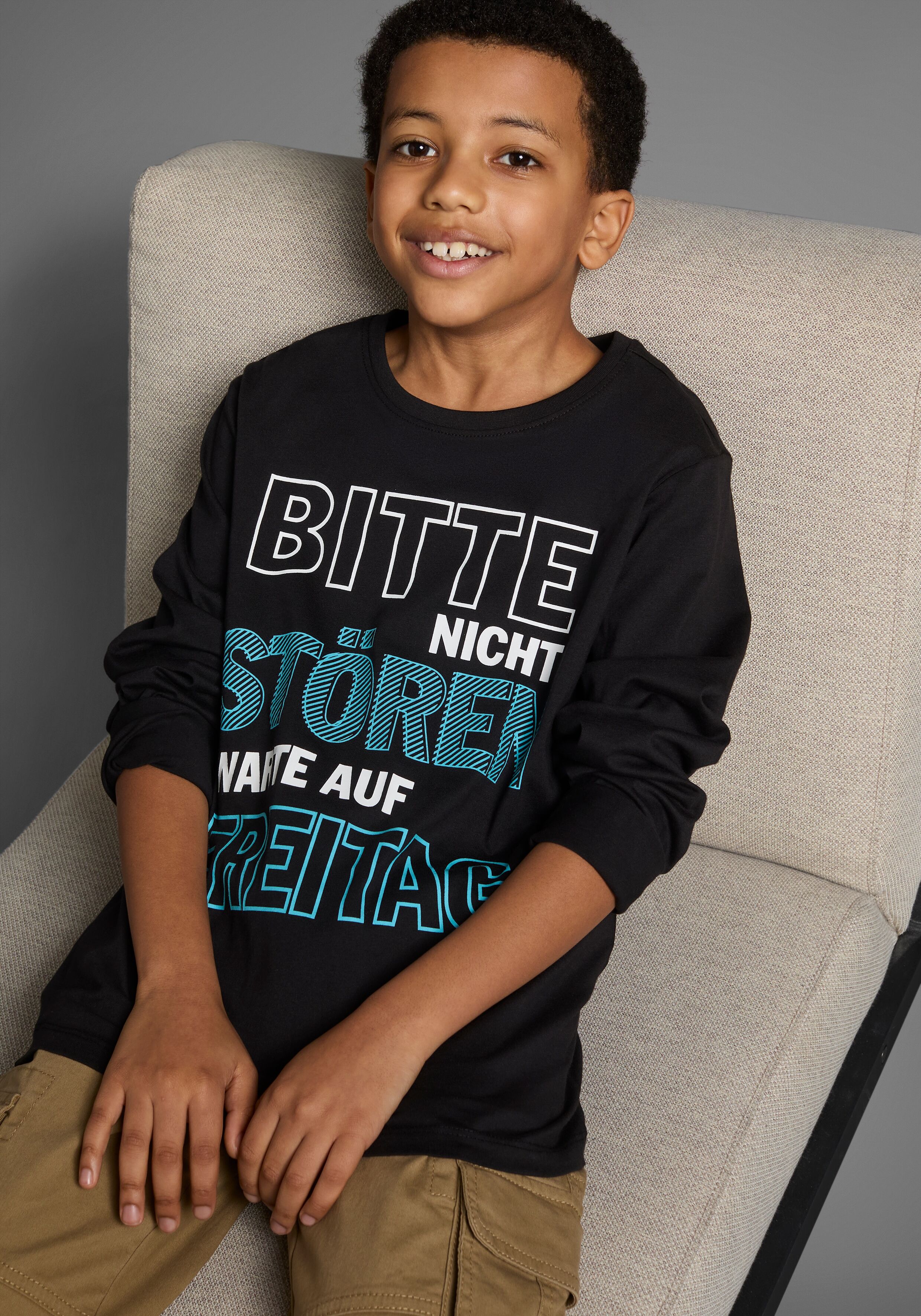 Langarmshirt KIDSWORLD "Bitte nicht stören...", Jungen, Gr. 164/170, schwarz, Jersey, Obermaterial: 100% Baumwolle, bedruckt, Basic, Rundhals, Shirts Langarmshirt, Langarm, Basic-Passform, bedruckt, Rundhalsausschnitt schwarz 164/170