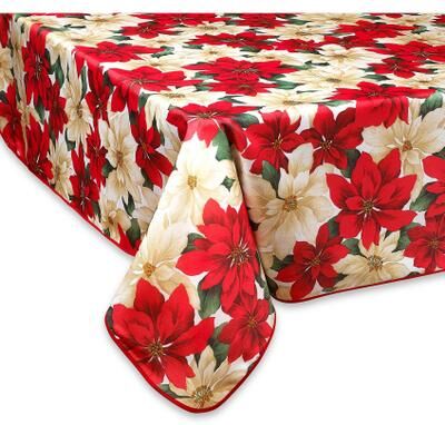Violet Linen Holiday Christmas Poinsettia Floral Pattern Tablecloth