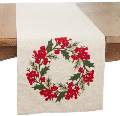 Saro Lifestyle "Holiday Cheer Holly Berry Table Runner - 16""x70"""