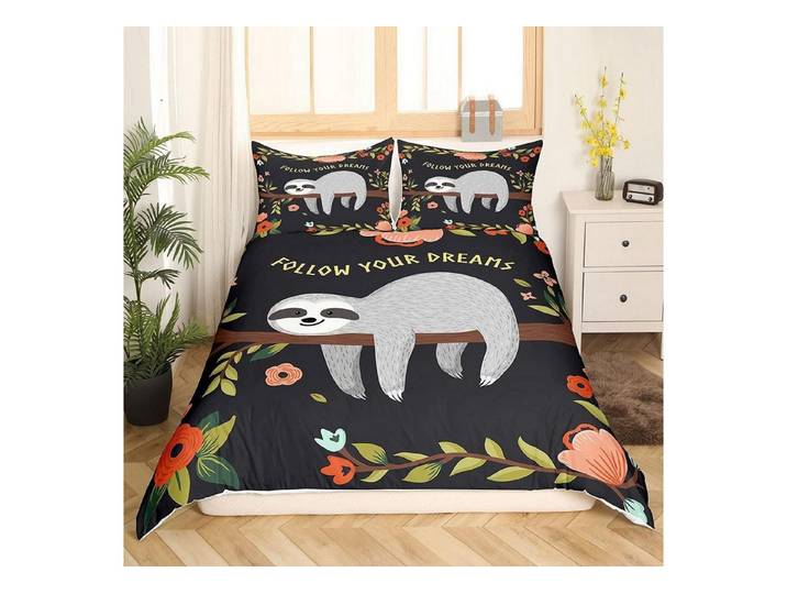LuxusKollektion Kinderbettwäsche Faultier Bettbezug Set 220x240 Karikatur Blumen