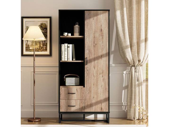 Vitrine Armoire haute moderne 80x40x180 cm – aspect bois avec cadre noir avec porte 2 tiroirs et 3 compartiments ouverts