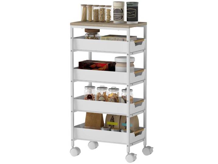 Desserte de Cuisine - Chariot Rangement 5 Niveaux 4 Tiroirs Coulissants - 39 5 x 24 x 82 cm - Blanc