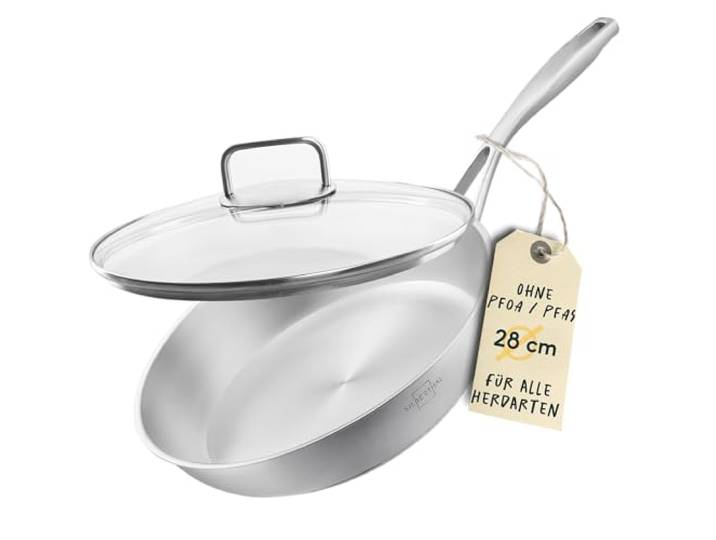 SILBERTHAL Edelstahlpfanne 28 cm Unbeschichtet mit Glasdeckel, Induktion Sichtbares Garen, die Feuchtigkeit bleibt im Gericht. Ofenfest bis 400 Grad, auch Gas und Ceran