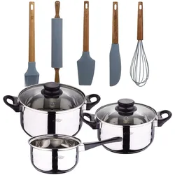 BERGNER - 5-teiliges Kochgeschirr-Set 16/18/20cm aus Edelstahl, induktionsgeeignet, mit 5 Kochutensilien aus Silikon und Akazienholz