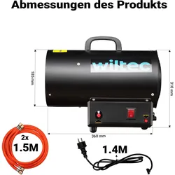 Wiltec Gasheizgebläse 15kW Heizkanone 30W Gasdruckminderer Italien 700mbar, Heizlüfter, Schwarz