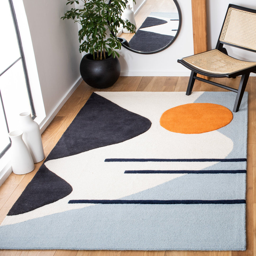 Bloomsbury Market Abstract Wool Hand Tufted Area Rug Ivory/Blue Rectangle 152 X 244cm