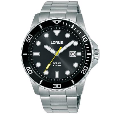 Solaruhr LORUS, silber (silberfarben, schwarz), Armbanduhren, Herren, Armbanduhr, Herrenuhr, Edelstahlarmband, analog, Tag