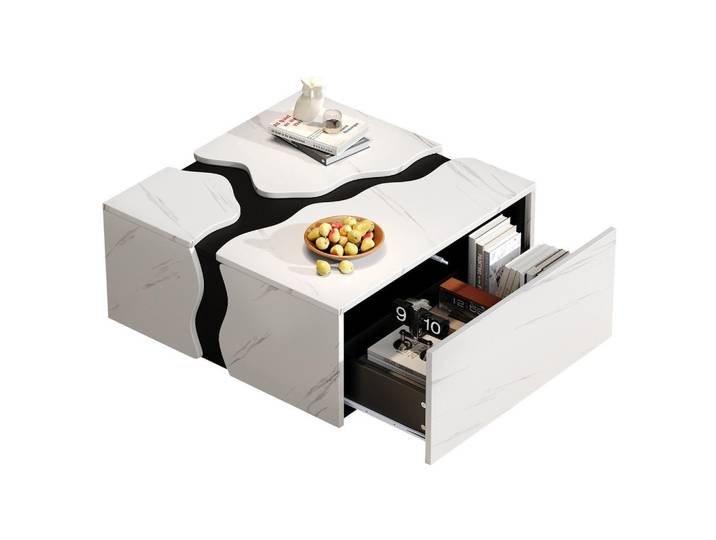 Redom Couchtisch 70/70/31 cm mit Schublade und Marmoroptik im geometrischen Design, Weiß, 70x31x70 cm, Wohnzimmer, Wohnzimmertische, Couchtische