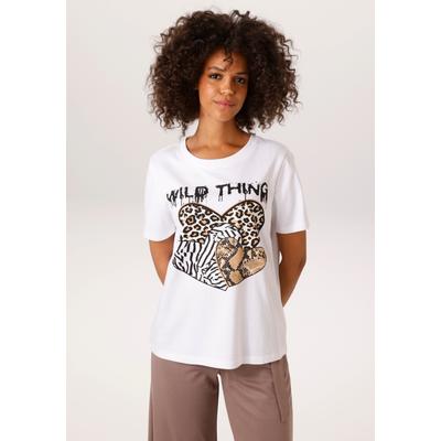 T-Shirt ANISTON CASUAL, Damen, Gr. 32/34, weiß (weiß, schwarz, beige, dunkelbraun), Single Jersey, Obermaterial: 100% Baumwolle, Schlangenoptik, bedruckt, lässig geschnitten hüftbedeckend, Rundhals, Shirts T-Shirt, mit Herzen, Animal-Drucken und...