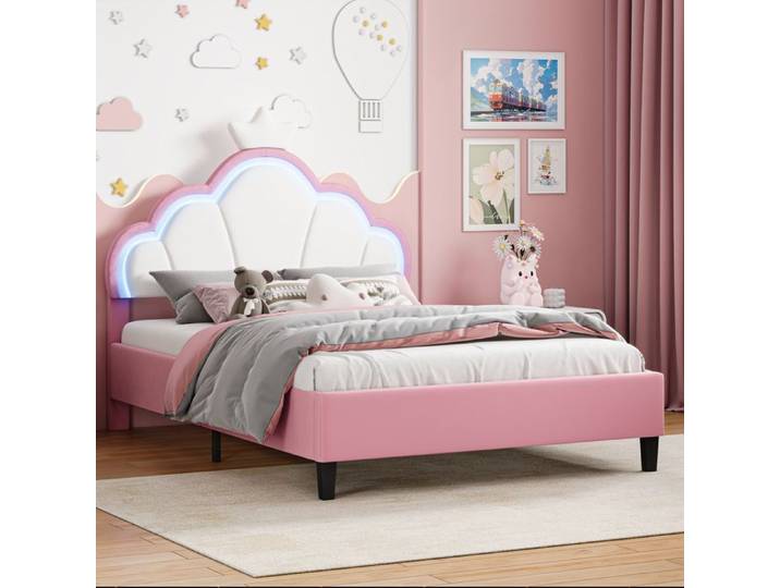 Lit enfant pour fille140x190 Lit enfant 140x190 LED Lit pour enfant avec LED fille Lit avec Sommier à Lattes Rose+Blanc+Flanelle