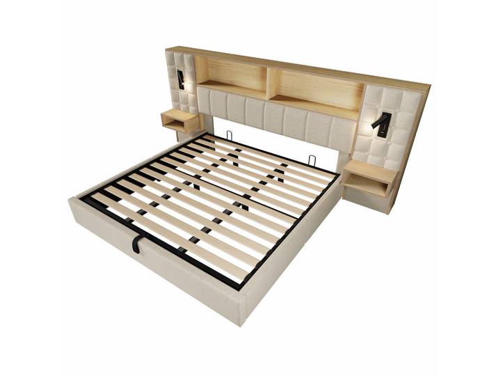 Oxeza Polsterbett 180/200 cm Beige mit Led, 2 Leselampen und 2 integrierte Nachttische, Mode, Rechteckig, 180x200 cm, Schlafzimmer, Betten, Polsterbetten