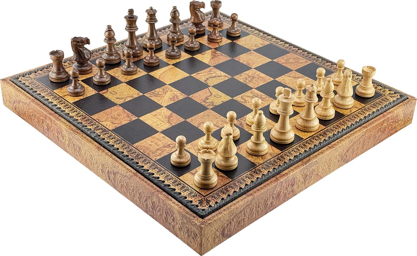 Italfama Classico Schachset aus Akazie + Leder-Schachbrett mit Weltkarte 48 cm