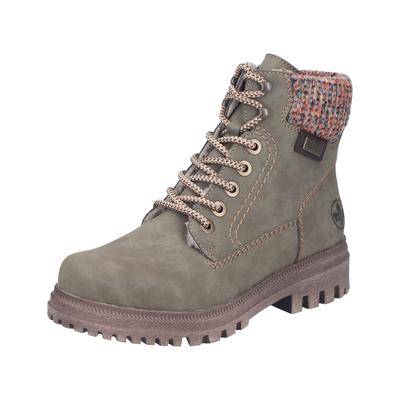 Winterboots RIEKER, Damen, Gr. 37, grün (oliv), Lederimitat, Basic, Schuhe Winterboots, Schnürboots, Schnürstiefelette mit Strickrand