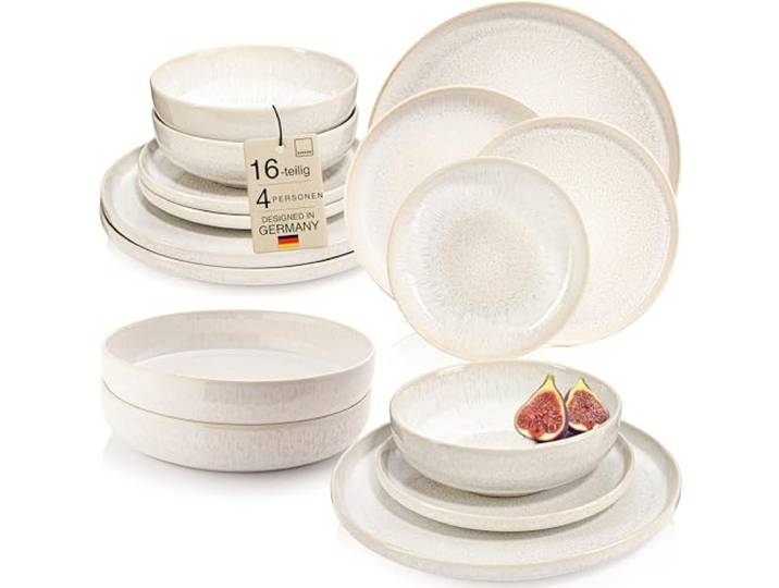 SÄNGER Korfu Geschirrset 4 Personen, Teller Set 16-tlg, Creme, Beige