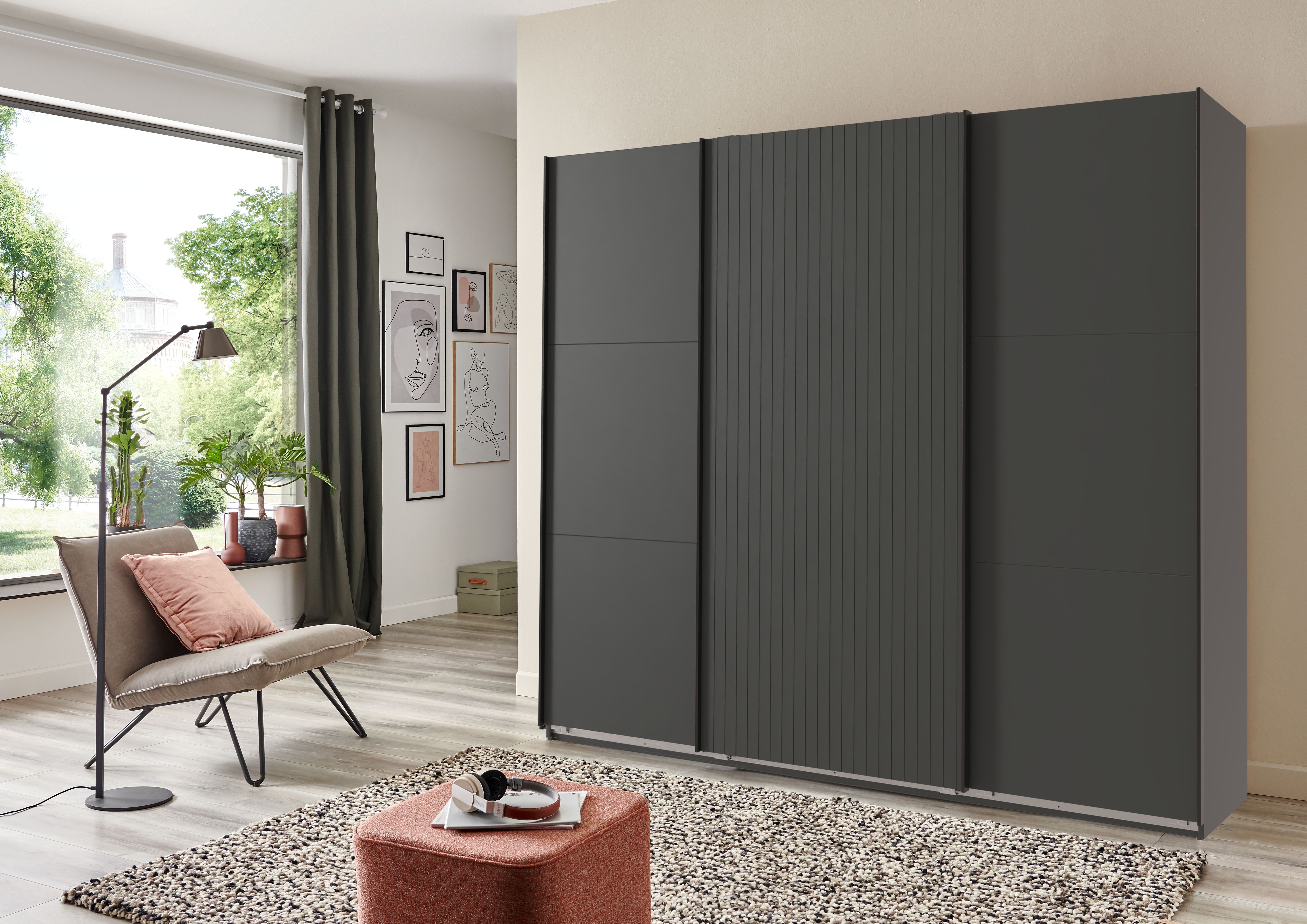 Schwebetürenschrank WIMEX "Andorra by fresh to go", schwarz (graphit, akustikpaneel optik graphit), B:250cm H:216cm T:65cm, Holzwerkstoff, Schränke, Schwebetürenschrank, Mit 3D-Leisten für Akustikpaneel-Optik graphit, akustikpaneel optik graphit Graphit, 