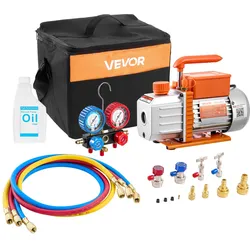 VEVOR Vakuumpumpe mit Manometer, 4,5 CFM 127 L/min, 250 W 1-stufige Drehschieber-Unterdruckpumpe, Manometer-Set, für R134a, R22, R410a, R1234YF & R32, mit Tragetasche, für Kfz-Klimaanlagen