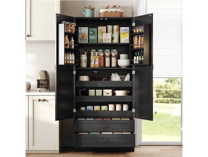 Colonne De Cuisine MDF Noir Armoire Haute Moderne FloraGrace Pour Cuisine Et Salon Avec 3 Etagères Coulissantes 80x38x180cm