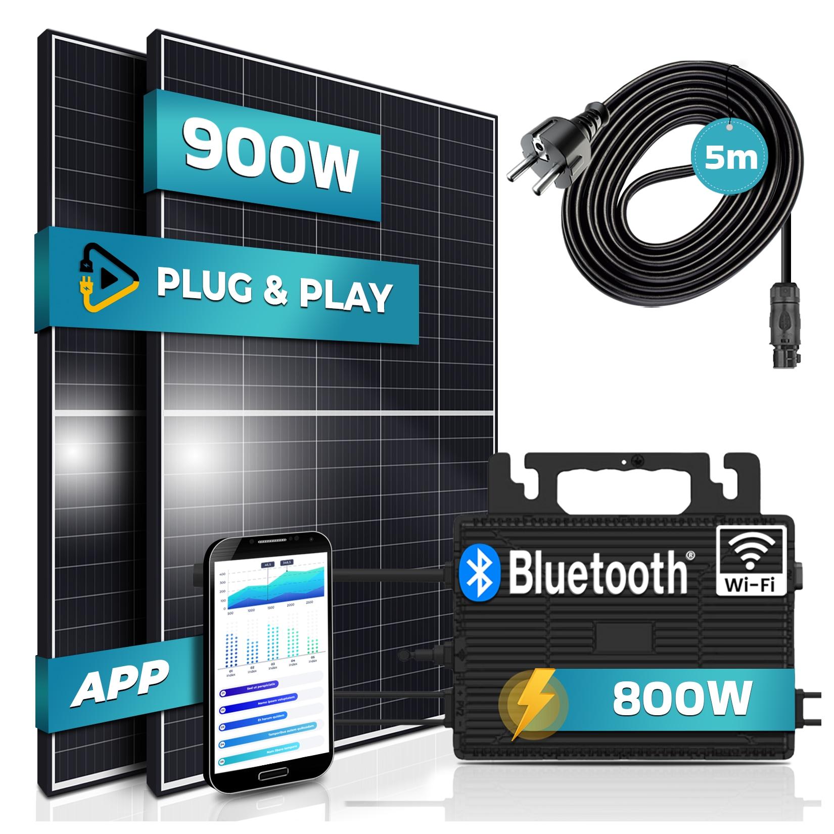 SUNNIVA® 900W Balkonkraftwerk 800W komplett Steckdose - Astro Energy 800W Wechselrichter - PV Solaranlage Komplettset - 2x 450W Solarmodule - inkl. 5m Kabel - Bluetooth WIFI