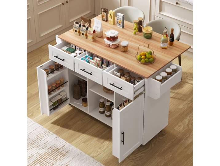Buffet de cuisine 139x46(71)x91.5 cm avec plan de travail rabattable Buffet salle a manger avec roulettes Buffet bas en blanc