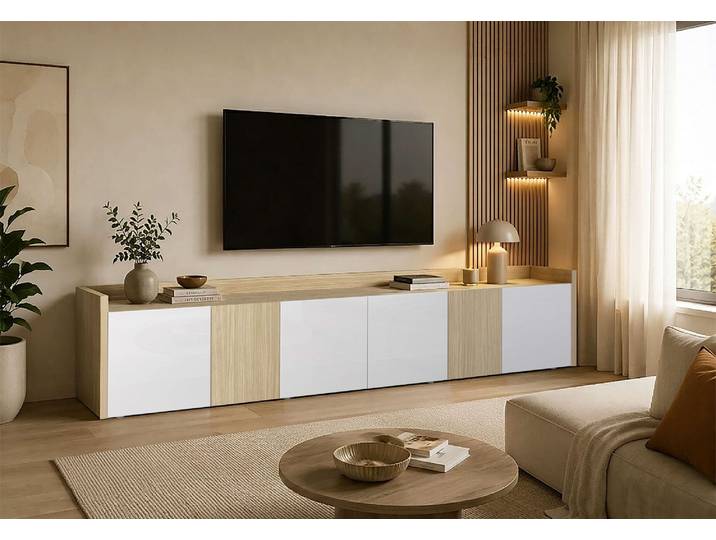 Lowboard OTTO HOME Lowboard ALTEA,Lowboard,TV-Kommode,TV-Möbel,TV-Bank , beige (eiche chopin, weiß hochglanz lackiert), B:220cm H:40cm T:40cm, Sideboards, Lowboard, Mit 6 Drehtüren, 4 Innenfächer, B.220 cm