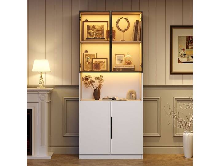 Vitrine Moderne avec Portes en Verre Vitrine avec éclairage LED Réglables Bibliothèque Buffet Hauts Salon 80x30x200cm Blanc