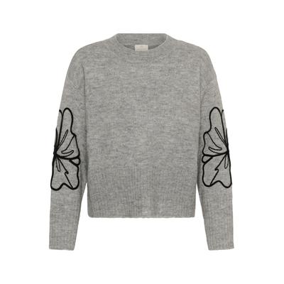 Strickpullover KAFFE "KAFFE Strickpullover KAerin", Damen, Gr. L, grau (grau melange, schwarz flower emb.), Pullover Strickpullover