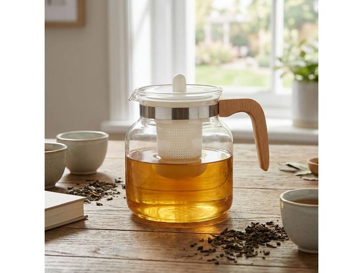 Glas-Teekanne 1,5L mit Holz-Griff, hitzebeständiges Borosilikatglas, transparent/weiss