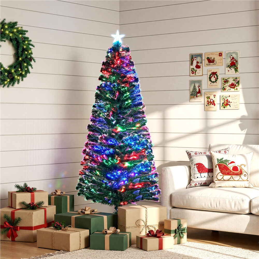 The Seasonal Aisle Pre Lit Fiber Optic Fir Christmas Tree with Multicolor Lights Star and Topper Metal Stand Green 6ft