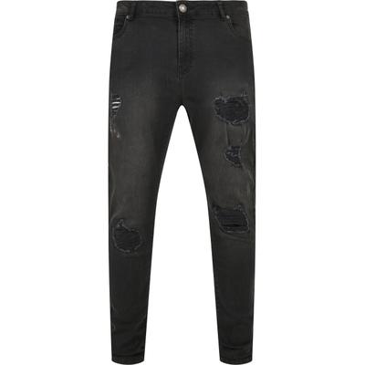 Bequeme Jeans URBAN CLASSICS "Urban Classics Herren Heavy Destroyed Slim Fit Jeans", Herren, Gr. 28/32, Länge 32, schwarz (realschwarz heavy destroyed washed), 98% Baumwolle, 2% Elasthan, unifarben, Jeans