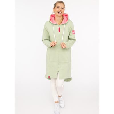 Jerseymantel ZWILLINGSHERZ "Be Positive", Damen, Gr. S/M, grün (salbei), angeraute Sweatware, Obermaterial: 50% Baumwolle, 50% Polyester, Mäntel, mit großem Stickmotiv, Taschen und Reißverschluss