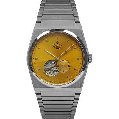 Automatikuhr RUHLA "Space Control Automatik", gelb (silberfarben, gelb, gelb), Armbanduhren, Herren, silberfarben, Automatikuhr, Armbanduhr, Herrenuhr, Mechanische Uhr, Saphirglas, Made in Germany