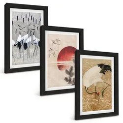 BILDER SET 3er Set - 20x30 cm Schwarzer Rahmen - Japanische Kraniche Landschaft